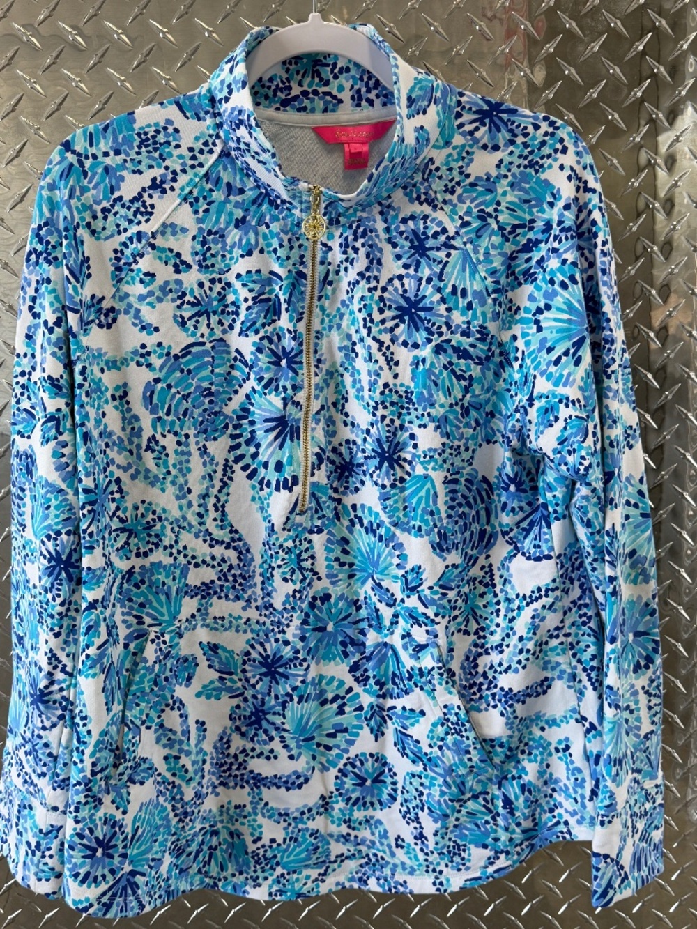 Lilly Pulitzer Skipper 1/2 zip popover top size L blue white gold UPF 50+